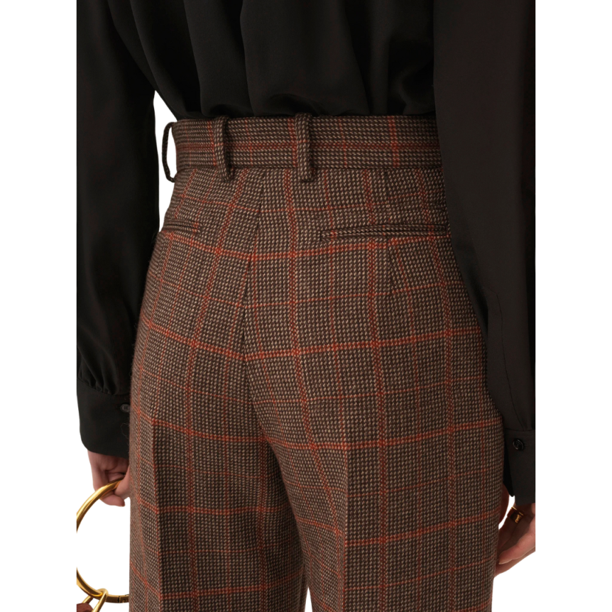 Pantalon taille haute CHLOE évasé laine carreaux marron
