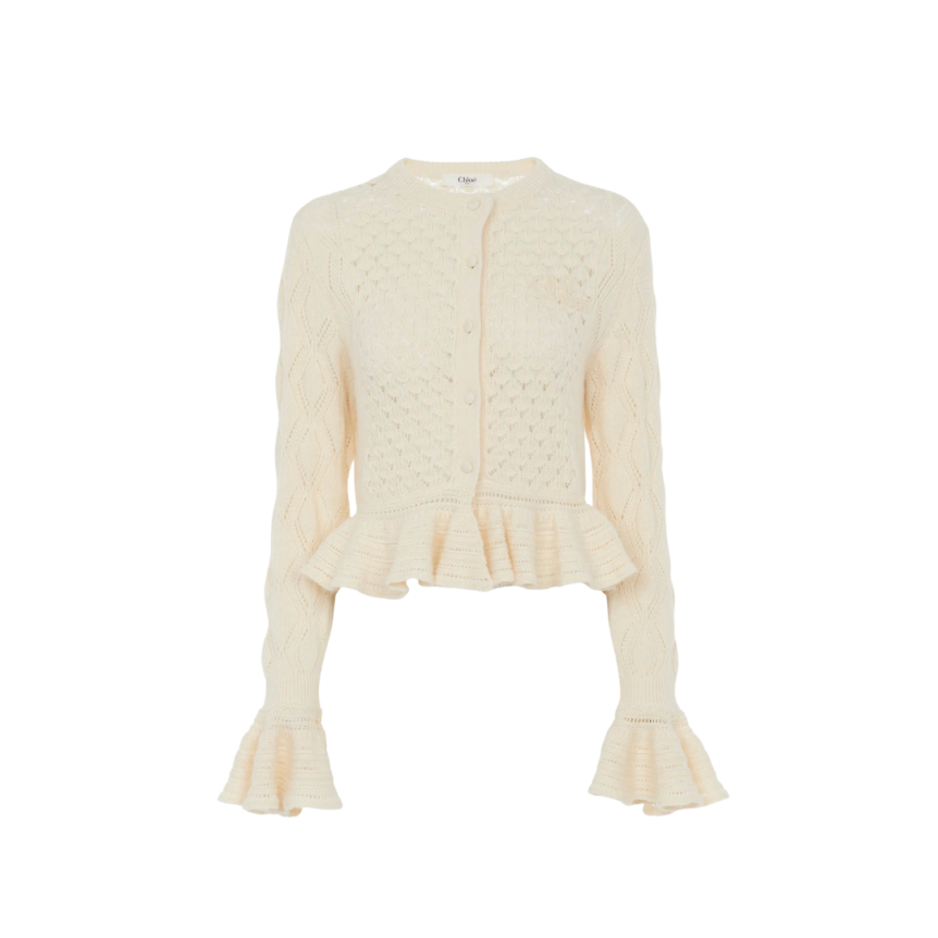 Cardigan CHLOE court col rond maille soie laine alpaga et coton écru volants