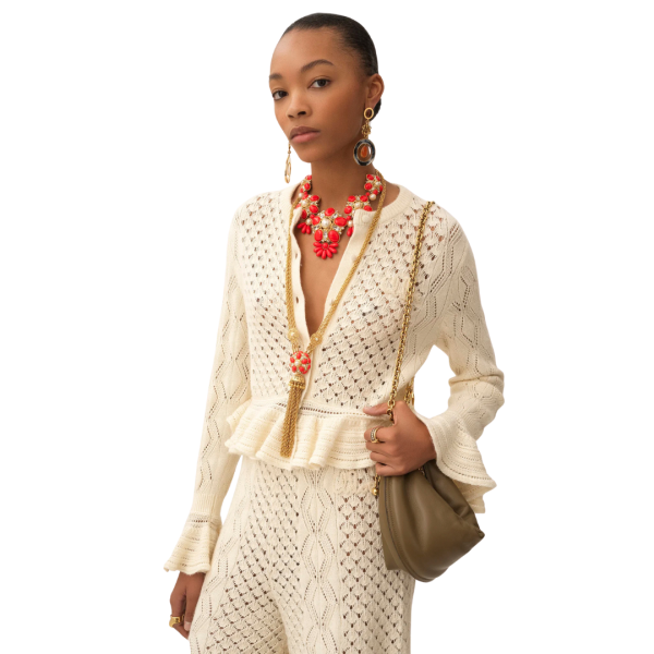 Cardigan CHLOE court col rond maille soie laine alpaga et coton écru volants