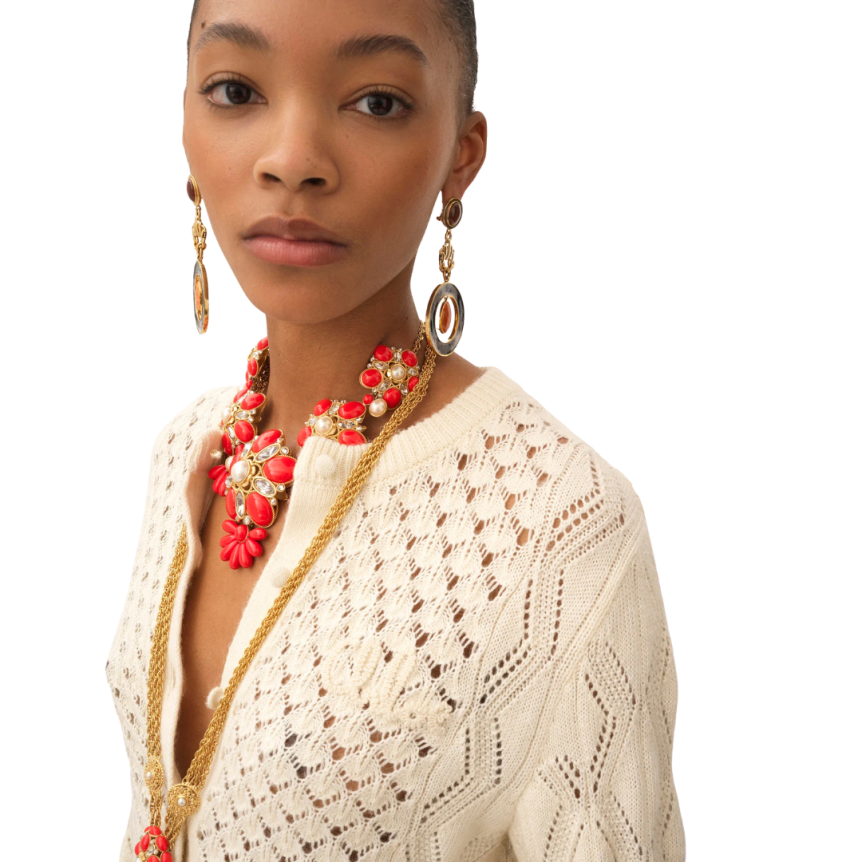 Cardigan CHLOE court col rond maille soie laine alpaga et coton écru volants