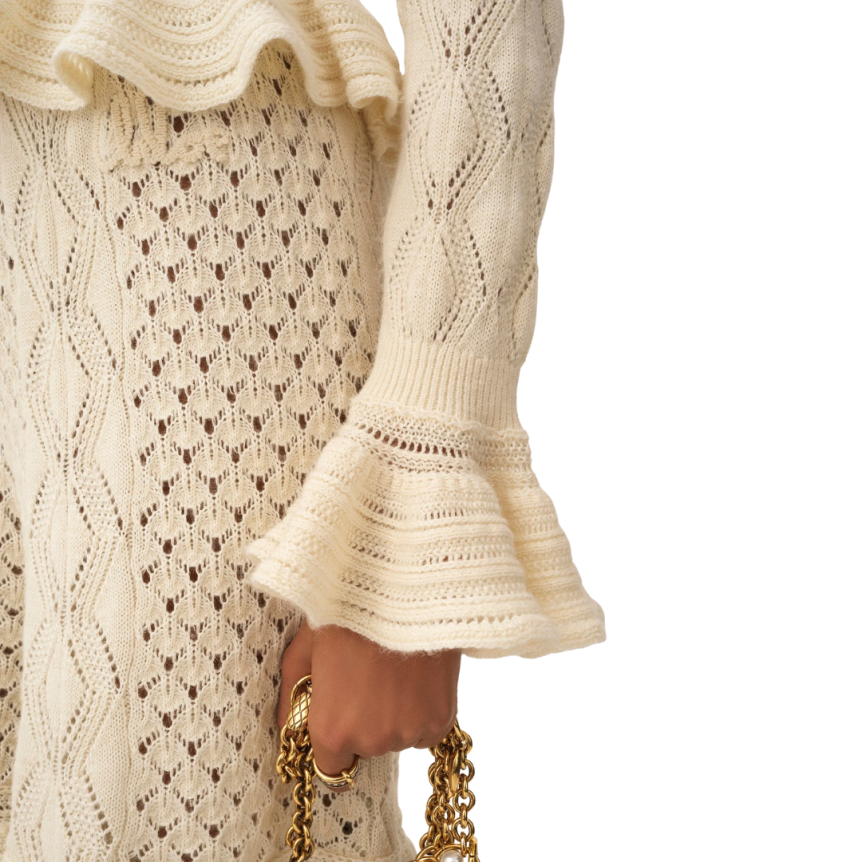 Cardigan CHLOE court col rond maille soie laine alpaga et coton écru volants