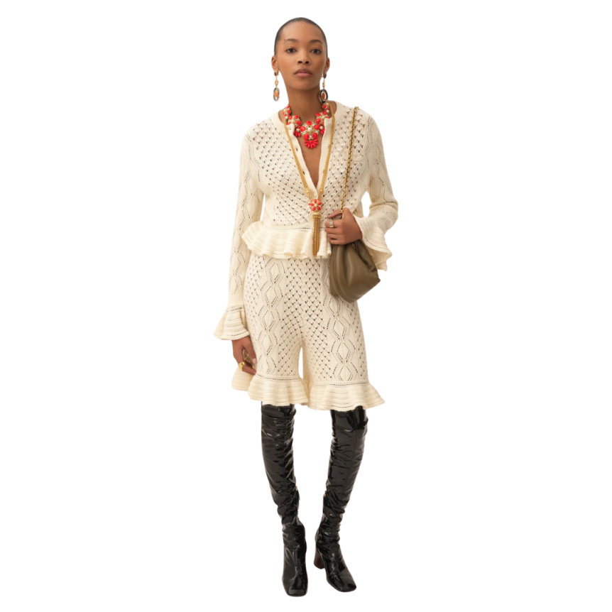 Cardigan CHLOE court col rond maille soie laine alpaga et coton écru volants