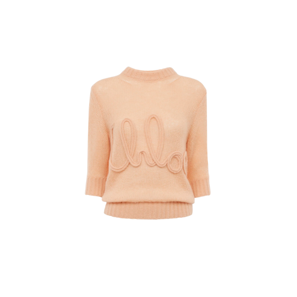 Pull CHLOE col rond laine alpaga soie pèche orange broderie