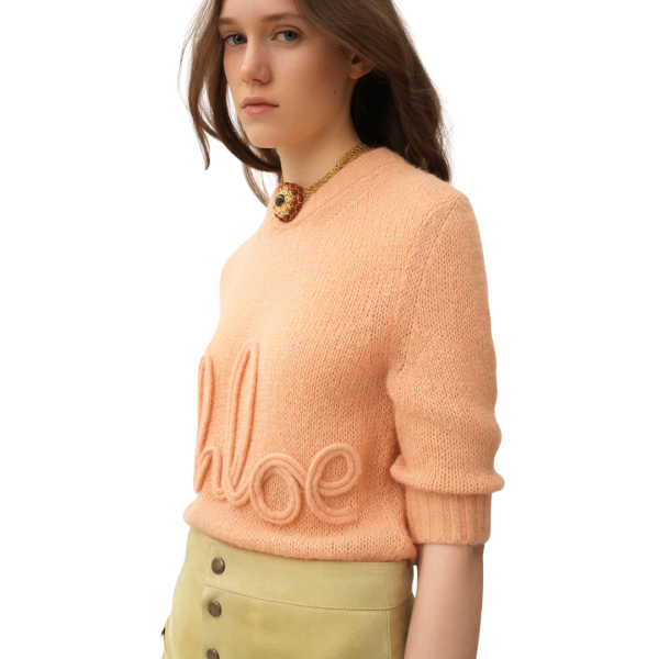 Pull CHLOE col rond laine alpaga soie pèche orange broderie