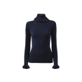 Pull col roulé ajusté maille coton laine bleu marine volant col