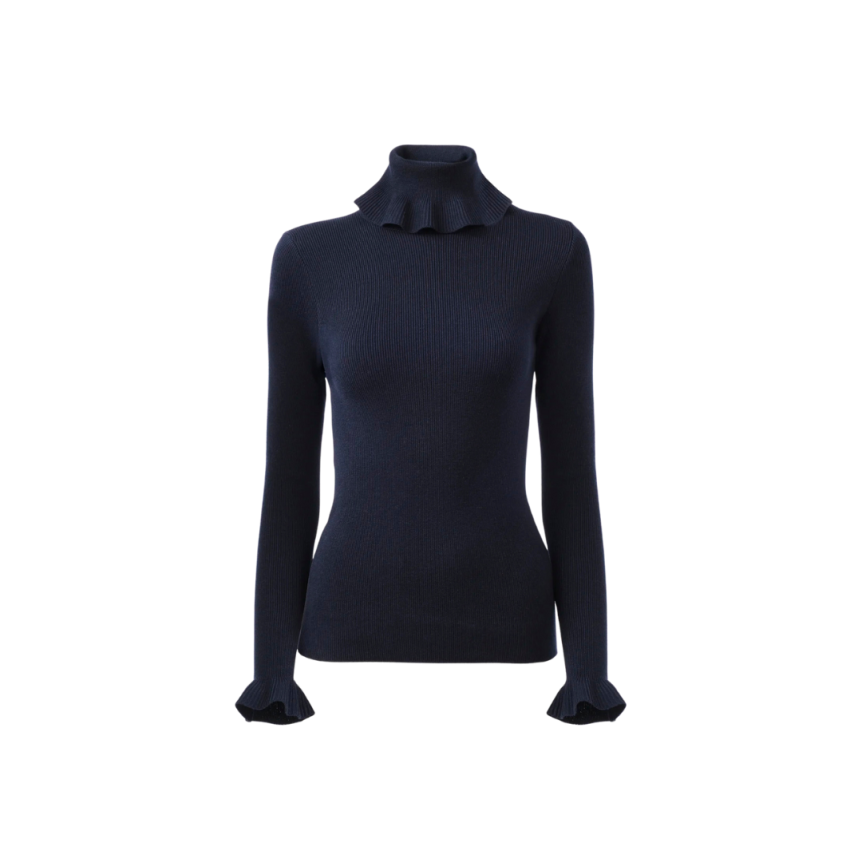 Pull col roulé CHLOE ajusté maille coton laine bleu marine volant col