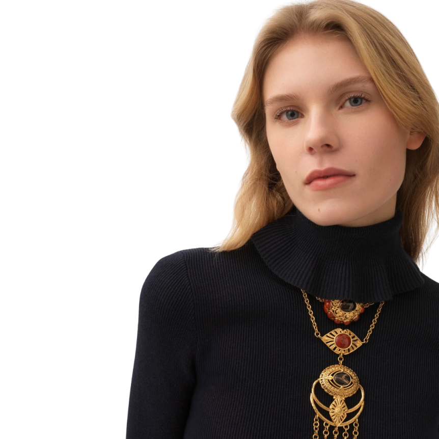 Pull col roulé CHLOE ajusté maille coton laine bleu marine volant col