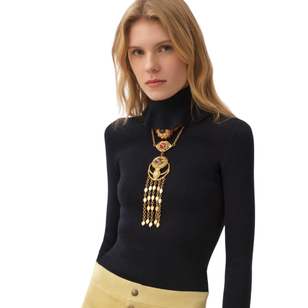 Pull col roulé CHLOE ajusté maille coton laine bleu marine volant col