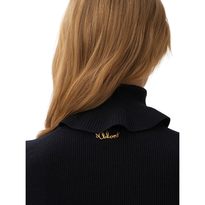 Pull col roulé CHLOE ajusté maille coton laine bleu marine volant col