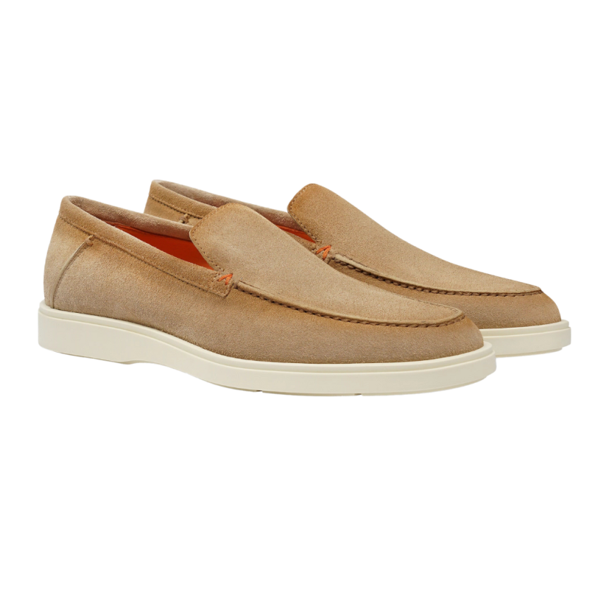 SANTONI Mocassins daim beige naturel semelle blanche