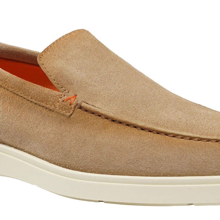 SANTONI Mocassins daim beige naturel semelle blanche
