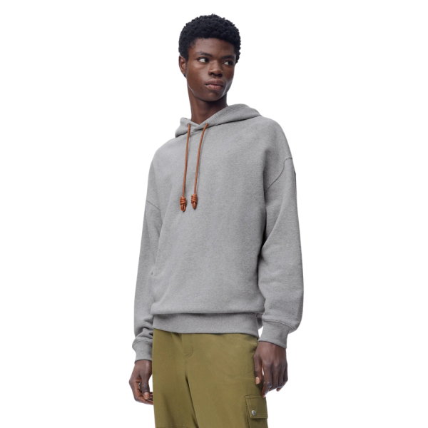 Sweatshirt à capuche LOEWE molleton coton gris patch cordon cuir marron