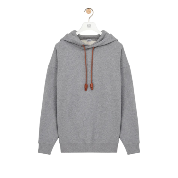 Sweatshirt à capuche LOEWE molleton coton gris patch cordon cuir marron