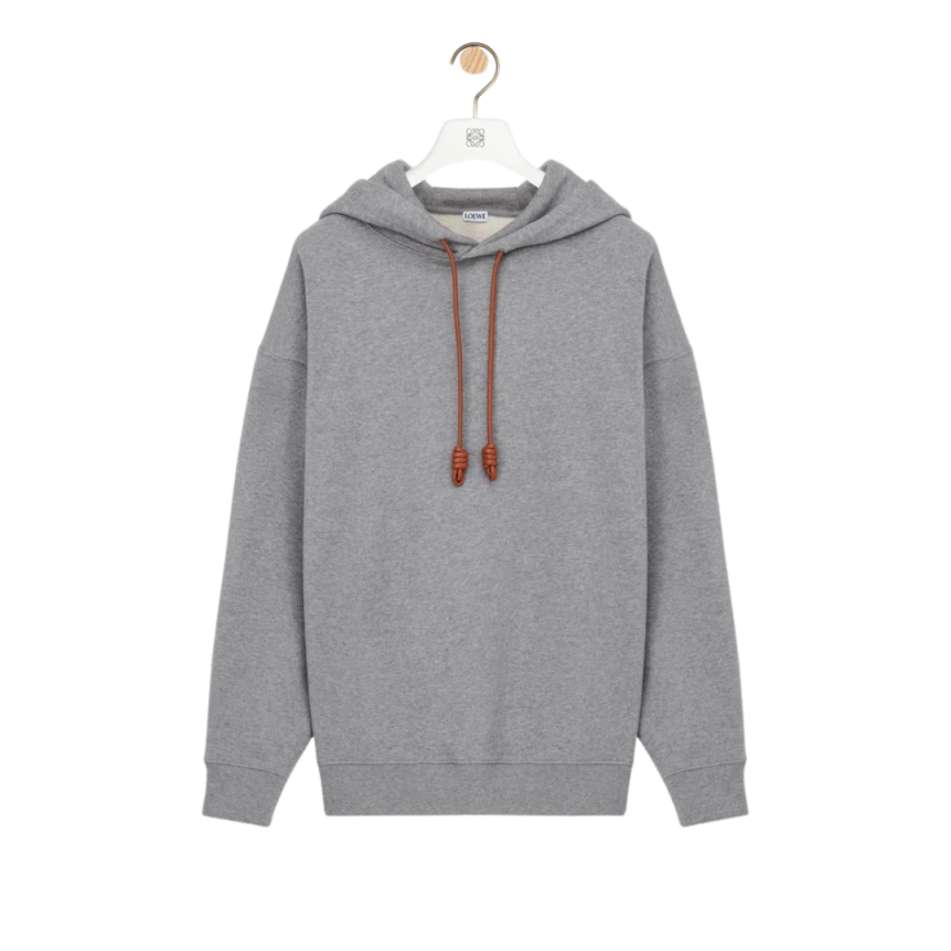 Sweatshirt à capuche LOEWE molleton coton gris patch cordon cuir marron