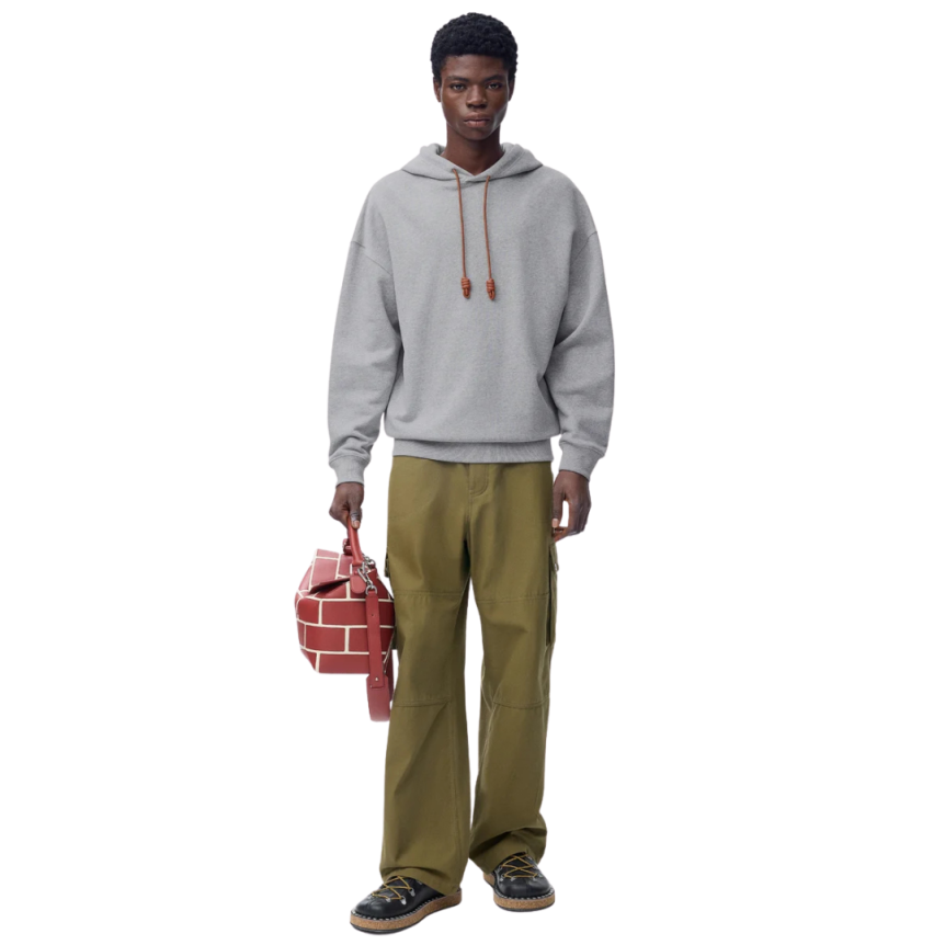 Sweatshirt à capuche LOEWE molleton coton gris patch cordon cuir marron