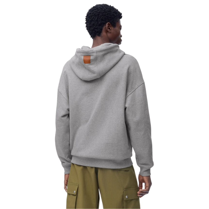 Sweatshirt à capuche LOEWE molleton coton gris patch cordon cuir marron