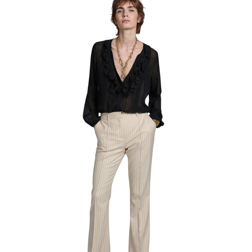 Blouse BARBARA BUI col V volants soie plumetis noir