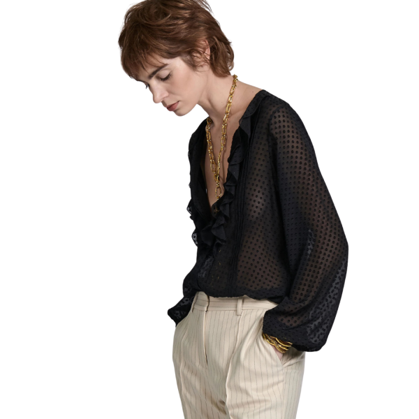 Blouse BARBARA BUI col V volants soie plumetis noir