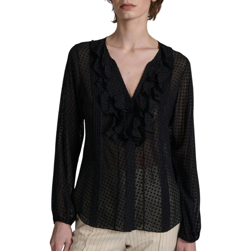 Blouse BARBARA BUI col V volants soie plumetis noir