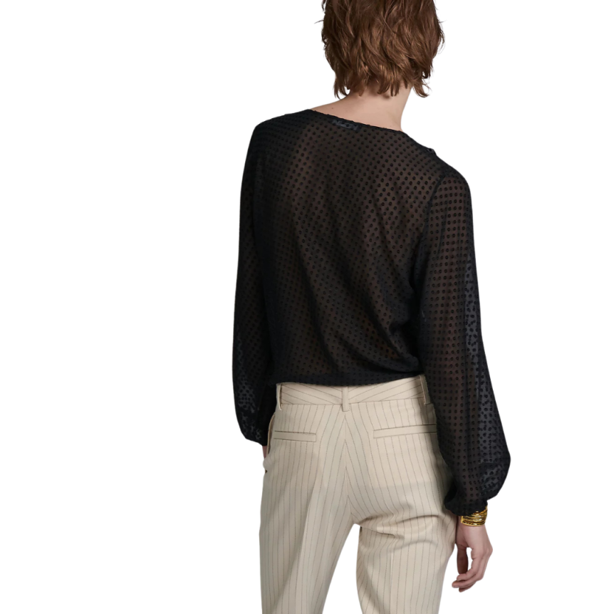 Blouse BARBARA BUI col V volants soie plumetis noir