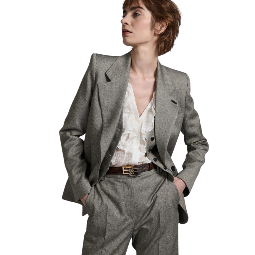 Veste costume BARBARA BUI 1 bouton micro chevrons gris poches plaquées