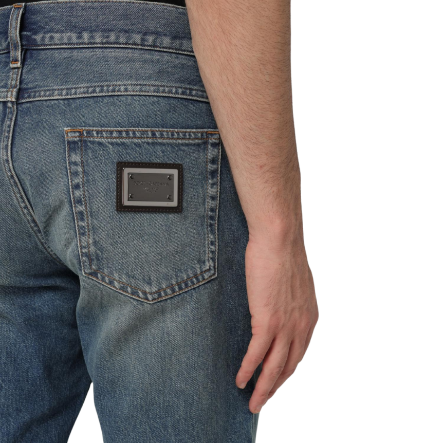 Jean slim DOLCE & GABBANA denim coton bleu plaque métal