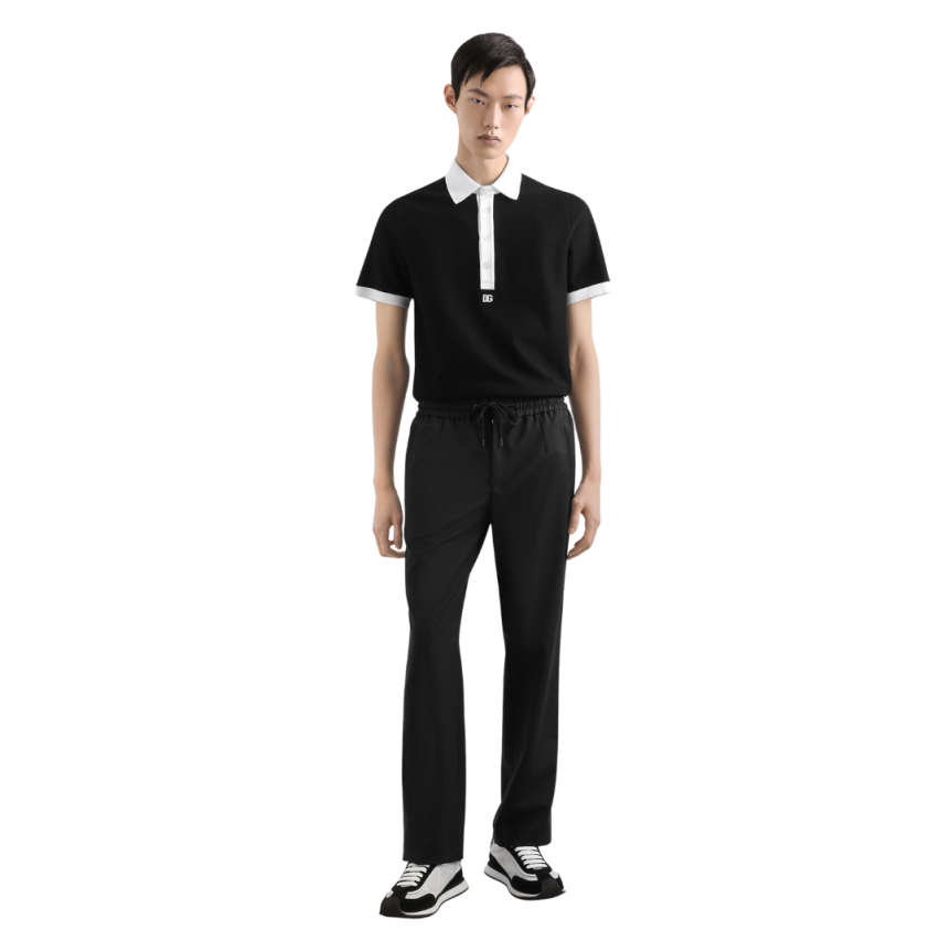 DOLCE & GABBANA Pantalon jogging toile de laine noire taille élastique cordon