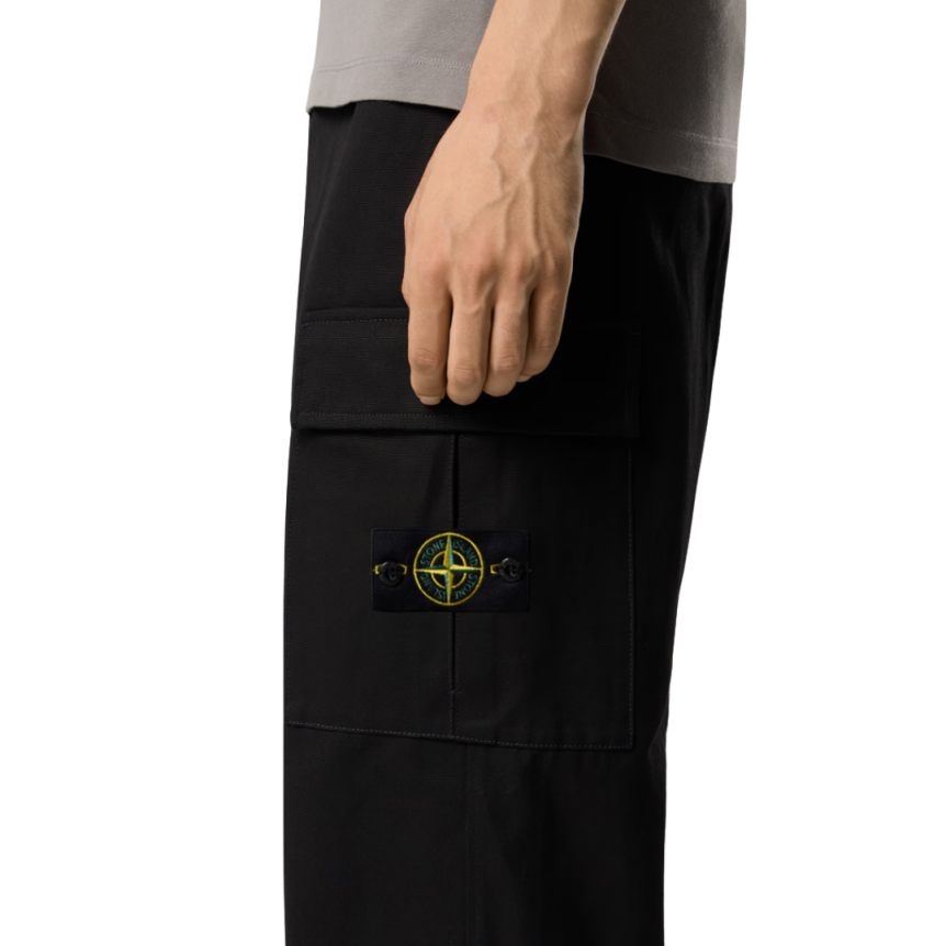Pantalon cargo STONE ISLAND ample coton Panama bleu marine poche cordon taille bas