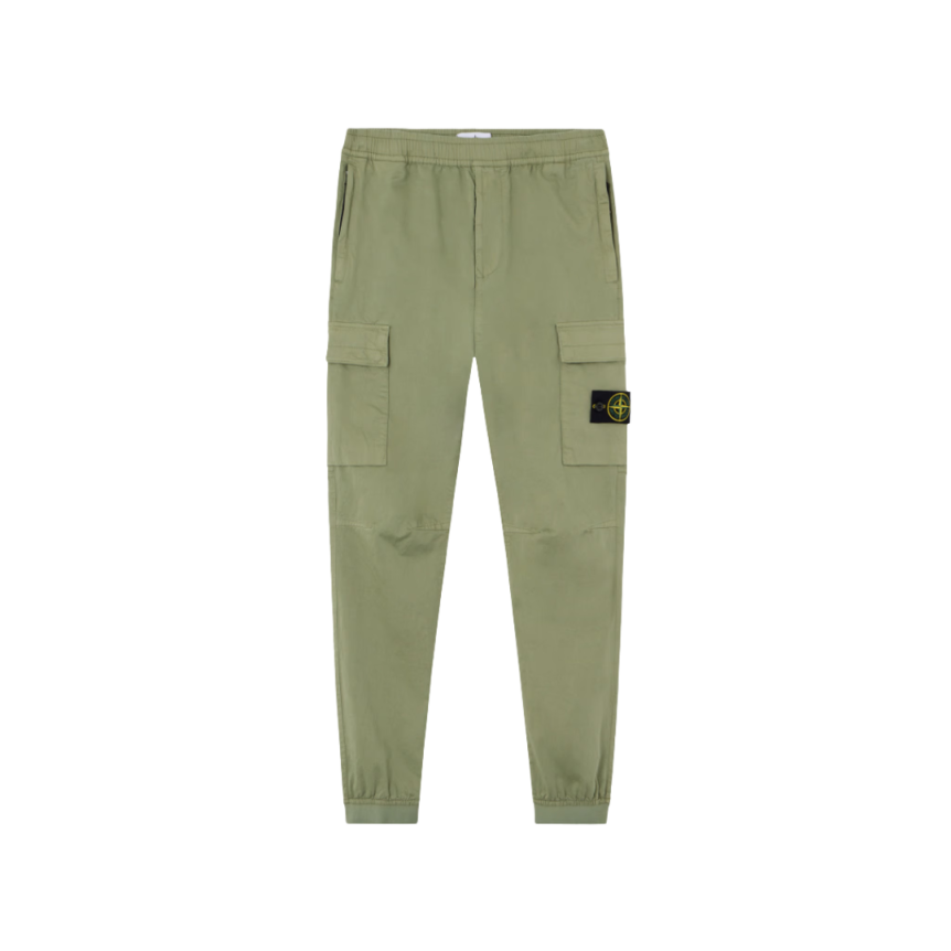 Pantalon cargo STONE ISLAND taille élastique coton satin bio vert sauge