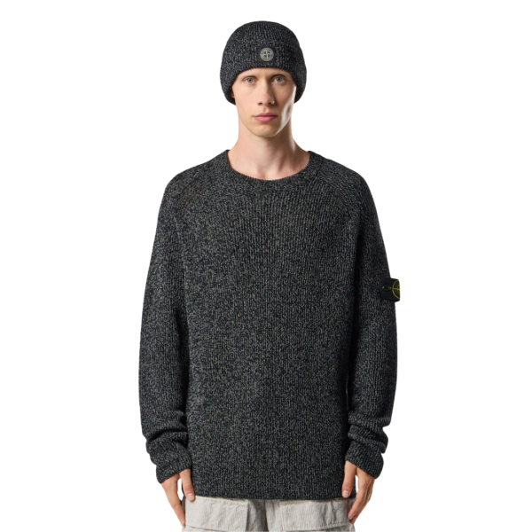 Pull STONE ISLAND col rond laine mélangée noir chiné réfléchissant