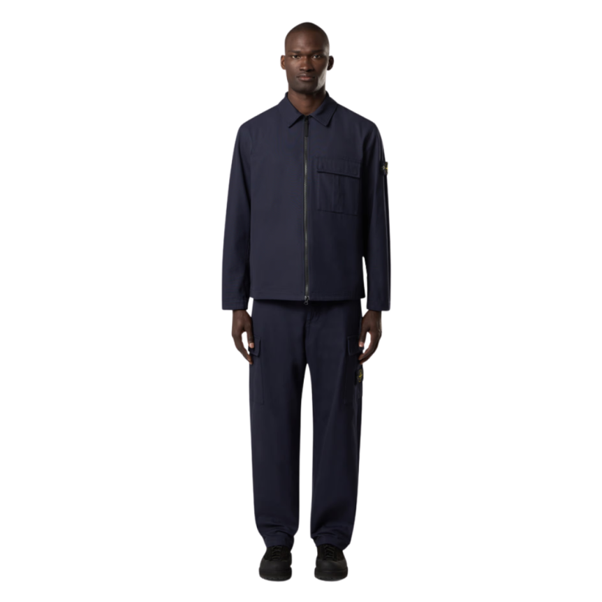 Surchemise zippée STONE ISLAND coton Panama bleu marine poche rabat