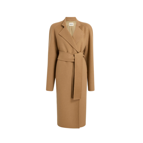 KHAITE Manteau portefeuille Deena laine camel ceinture à nouer