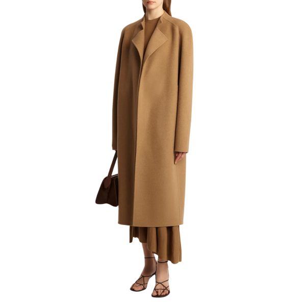 KHAITE Manteau portefeuille Deena laine camel ceinture à nouer