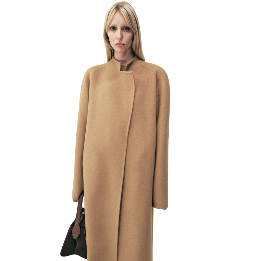 KHAITE Manteau portefeuille Deena laine camel ceinture à nouer