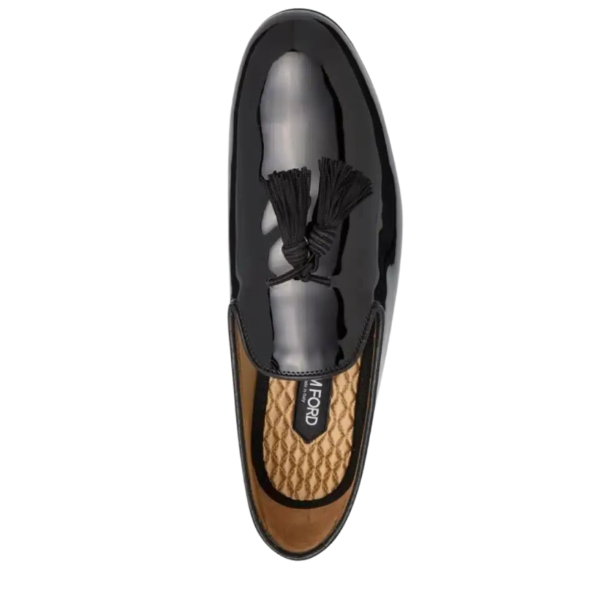 Mocassin TOM FORD cuir veau verni noir pompon