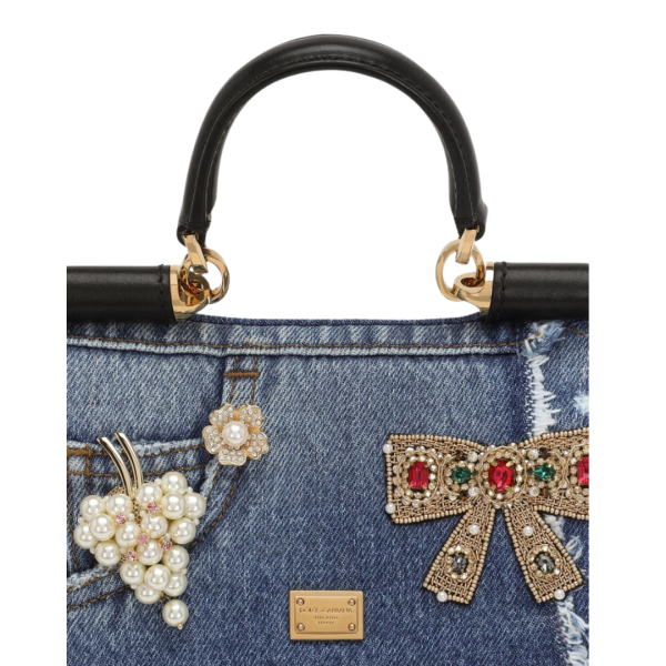 DOLCE & GABBANA Sac à main Sicily patchwork denim coton bleu broderie