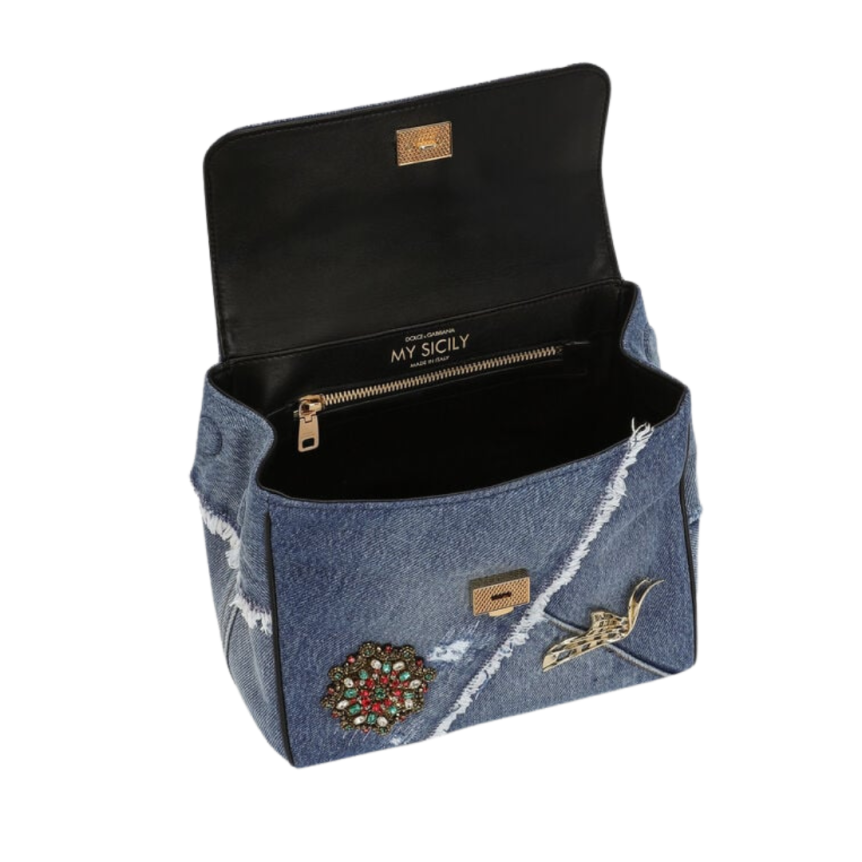 DOLCE & GABBANA Sac à main Sicily patchwork denim coton bleu broderie
