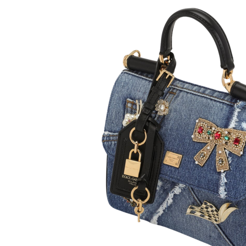 DOLCE & GABBANA Sac à main Sicily patchwork denim coton bleu broderie
