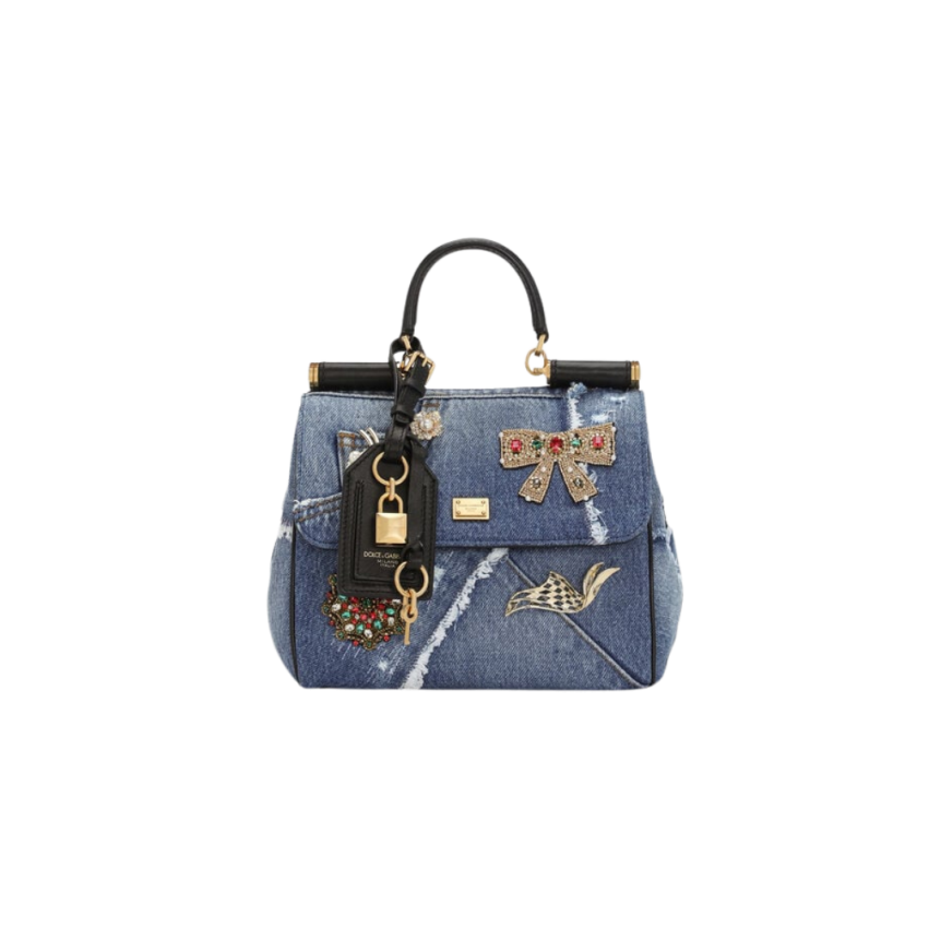 DOLCE & GABBANA Sac à main Sicily patchwork denim coton bleu broderie
