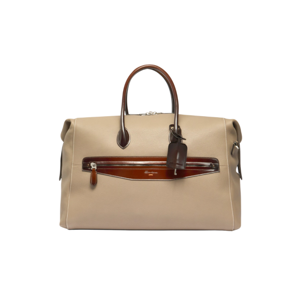 Sac porté main SANTONI cuir grainé foulonné beige anse cuir marron bandoulière