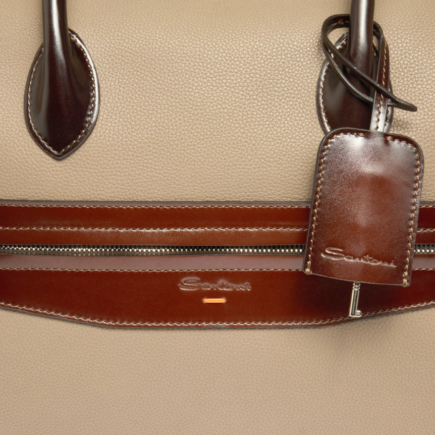 Sac porté main SANTONI cuir grainé foulonné beige anse cuir marron bandoulière