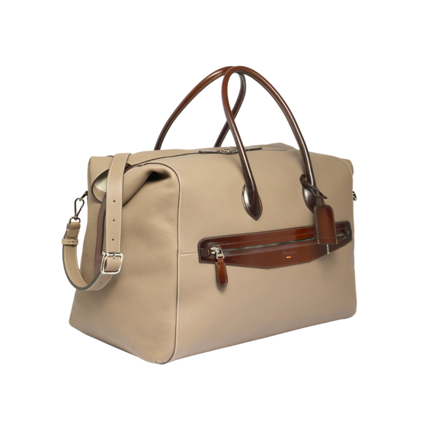 Sac porté main SANTONI cuir grainé foulonné beige anse cuir marron bandoulière