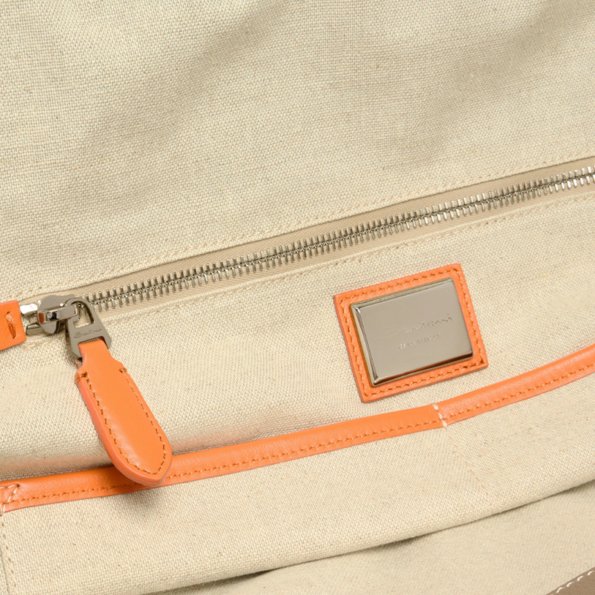 Sac porté main SANTONI cuir grainé foulonné beige anse cuir marron bandoulière