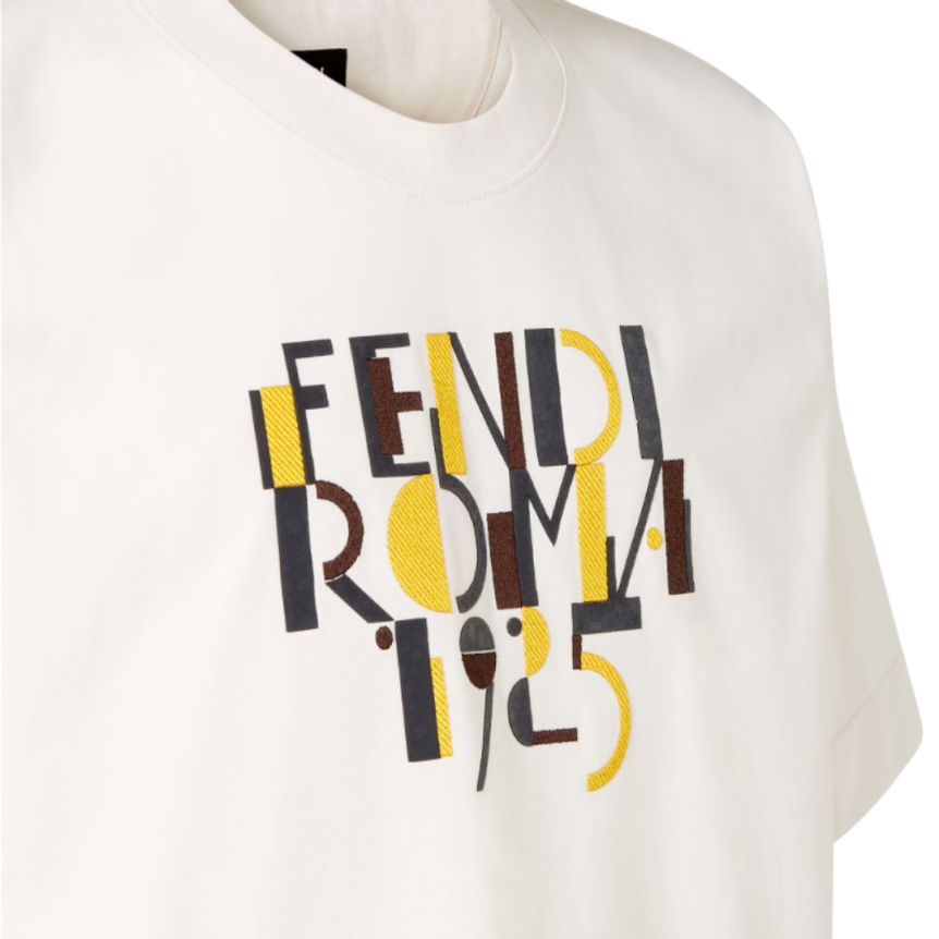 T-shirt col rond FENDI manche courte coton blanc Imprimé Fendi Roma 1925 jaune
