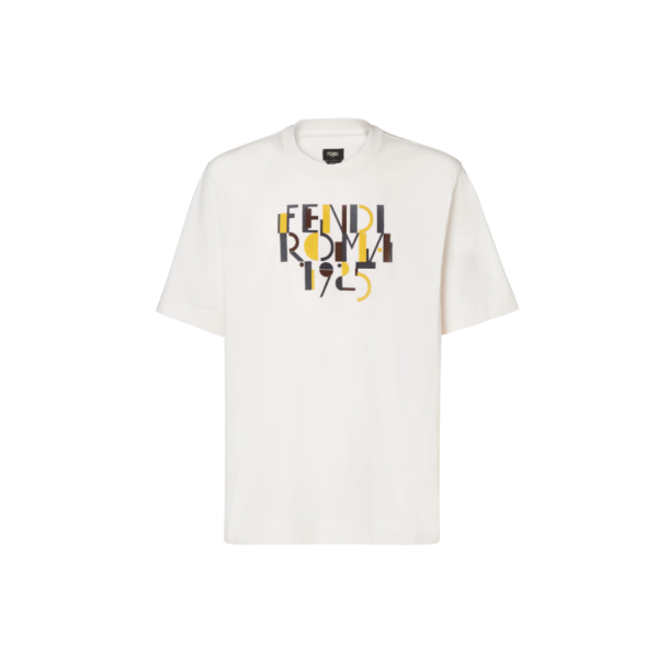 T-shirt col rond FENDI manche courte coton blanc Imprimé Fendi Roma 1925 jaune