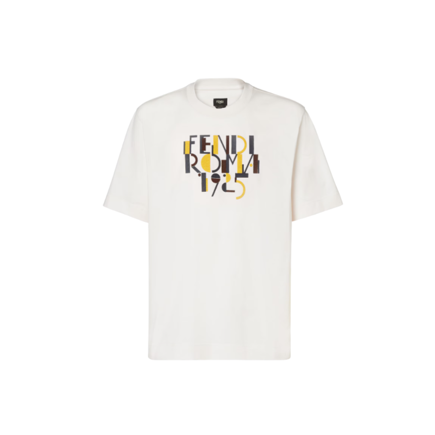 T-shirt col rond FENDI manche courte coton blanc Imprimé Fendi Roma 1925 jaune