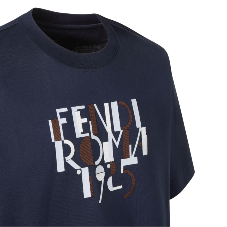 T-shirt col rond FENDI manche courte coton bleu marine Imprimé Fendi Roma 1925 blanc marron