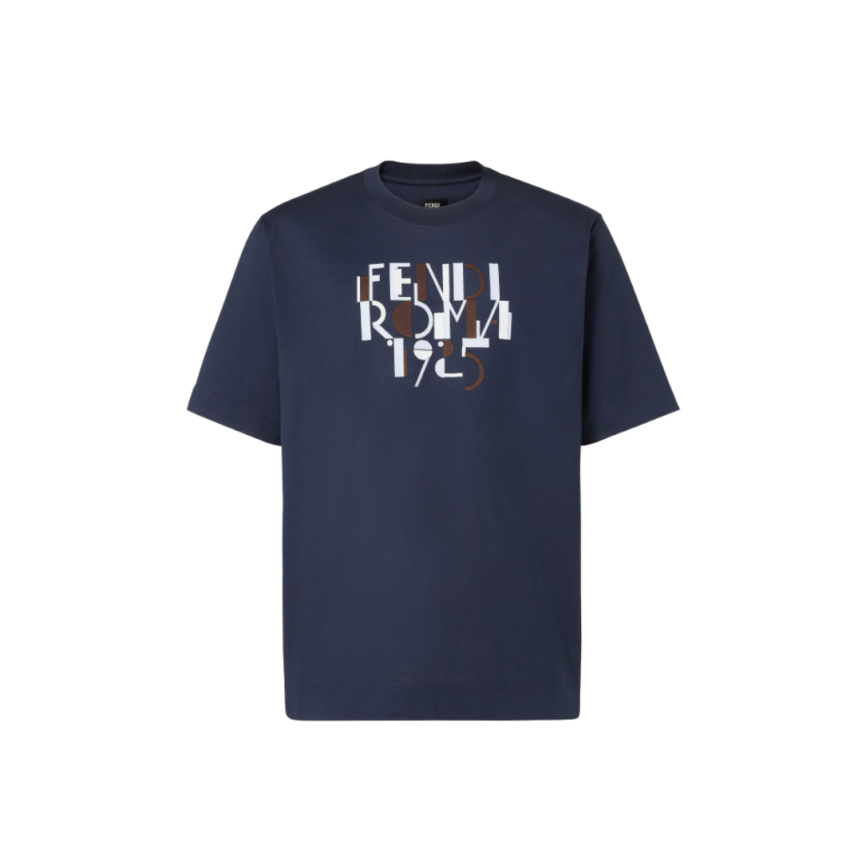 T-shirt col rond FENDI manche courte coton bleu marine Imprimé Fendi Roma 1925 blanc marron