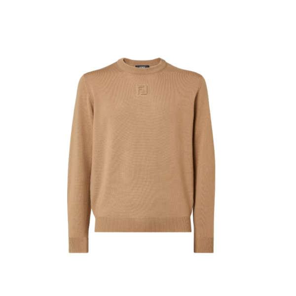 Pull col rond FENDI laine camel FF relief avant