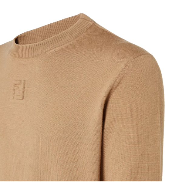 Pull col rond FENDI laine camel FF relief avant